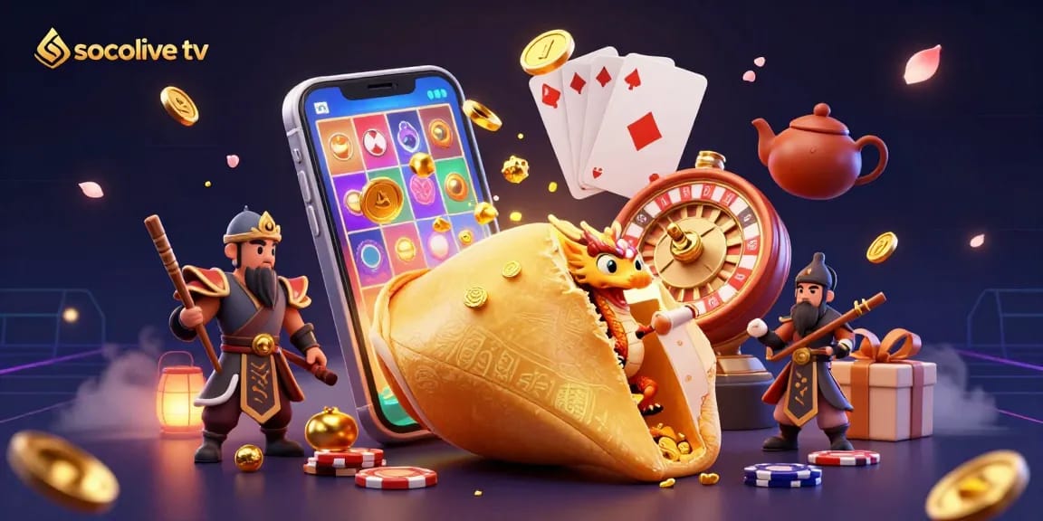 Socolive TV features a golden fortune cookie scene full of dynamic slot game elements.