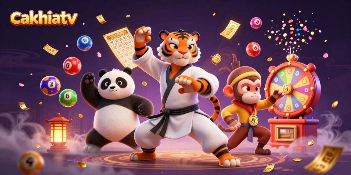 Cakhiatv showcases a kung fu tiger master and panda in a vibrant betting scene with lottery elements.