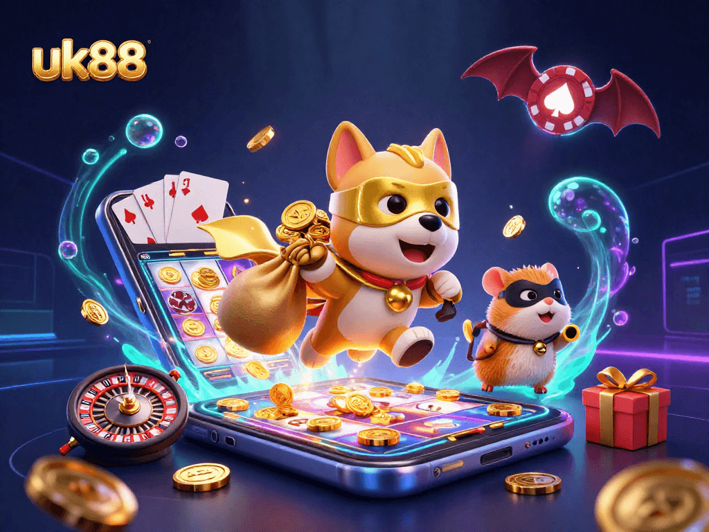 uk88 features an adventurous dog and hamster amidst vibrant casino gaming elements.