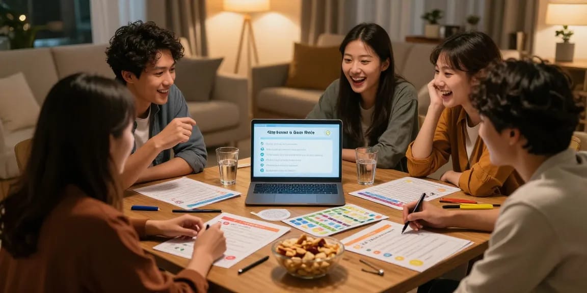Freunde testen ihr Quiz Allgemeinwissen in gemütlicher Runde mit Snacks und Drinks.