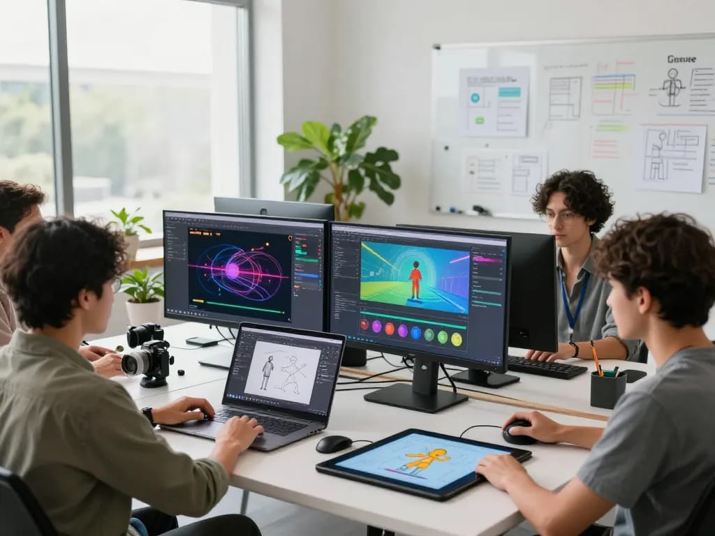 Creative team collaborating on motion control ai project in modern studio environment.