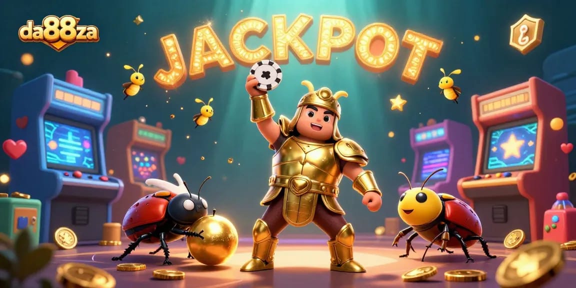 Join the da88za gaming adventure with cartoon beetles celebrating a jackpot in a vibrant casino setting.