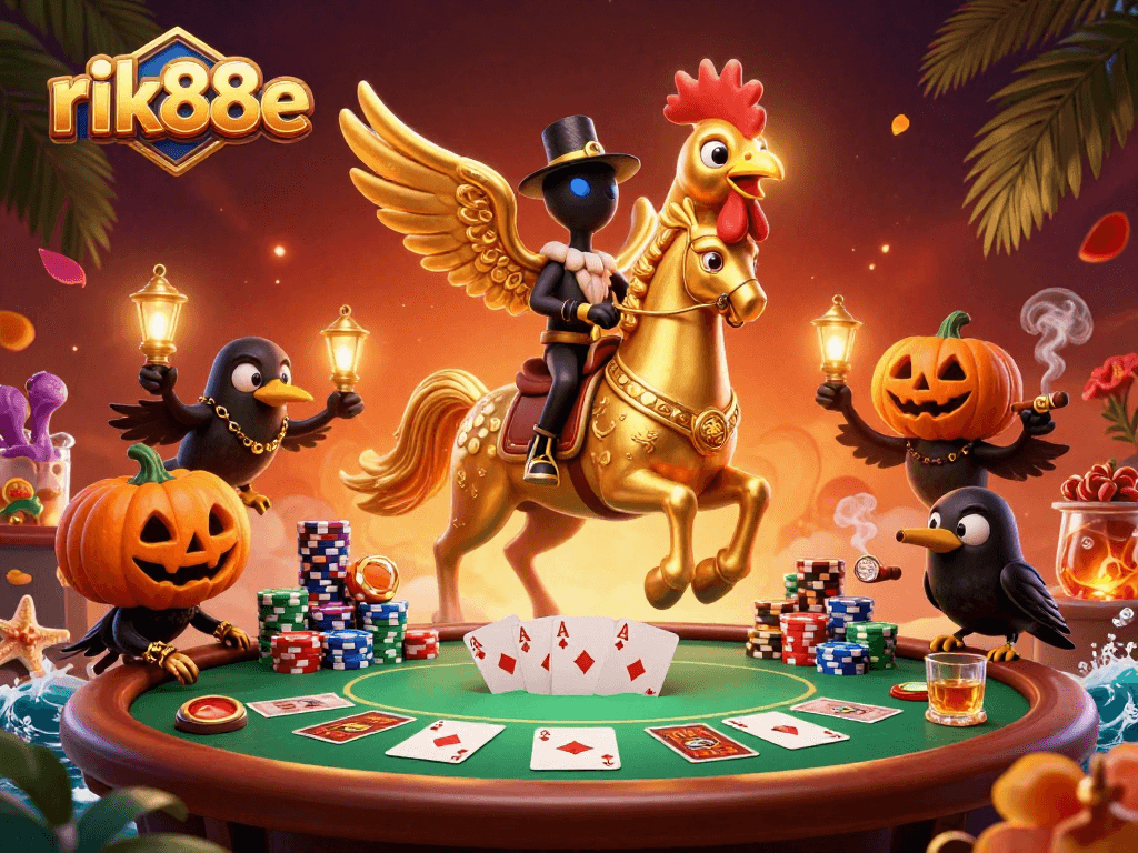 Experience the thrill of gaming at rik88e with golden rooster characters amidst vibrant casino action.