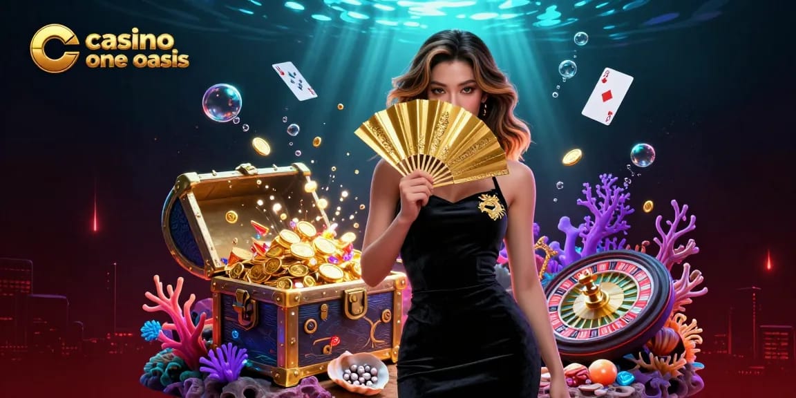 Experience the allure of casino ohne oasis through a captivating 3D scene with golden treasures and vibrant casino elements.