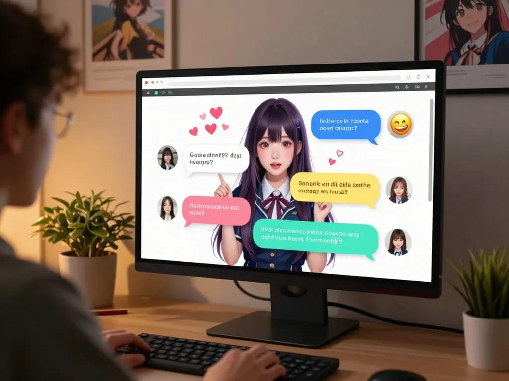 Engaging user in hentai ai chat with a digital anime character in a cozy home office.