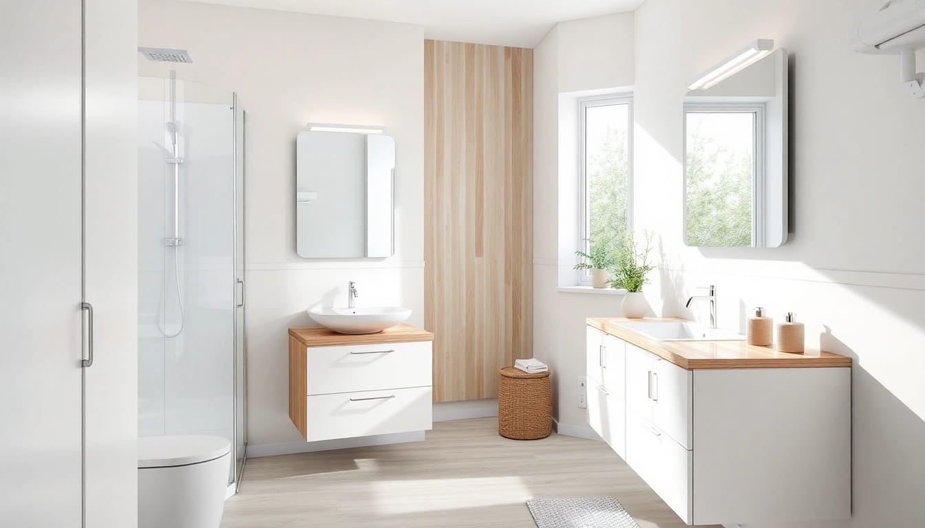 Sonni Sanitär GmbH zeigt ein elegantes Badezimmer mit modernen Duschkabinen und Badspiegeln, das Funktionalität und Stil vereint.