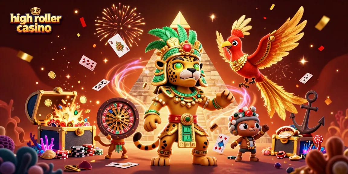 High roller casino scene with a Mayan jaguar priest and a quetzal bird among gaming elements and treasures.