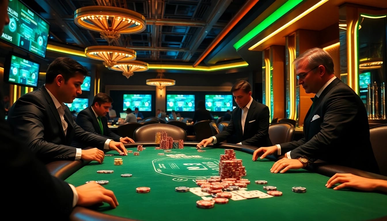 Engaging scene of Plagiatssoftware online illuminating a high-stakes poker table with intense players and professional dealers.
