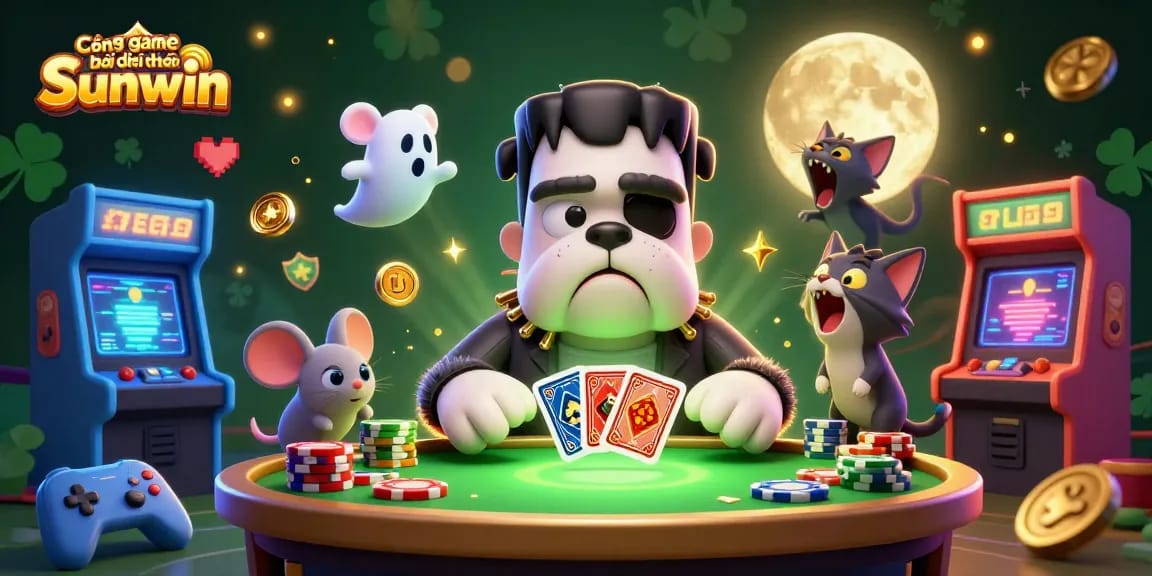 Cổng game bài đổi thưởng Sunwin showcases a spooky casino scene with a colorful 3D monster dealer and whimsical gaming elements.