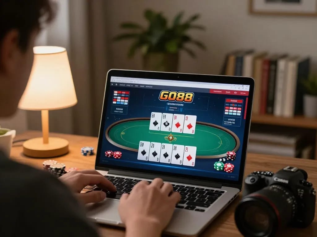 GO88 poker gameplay displayed on a laptop screen during a cozy home gaming session.