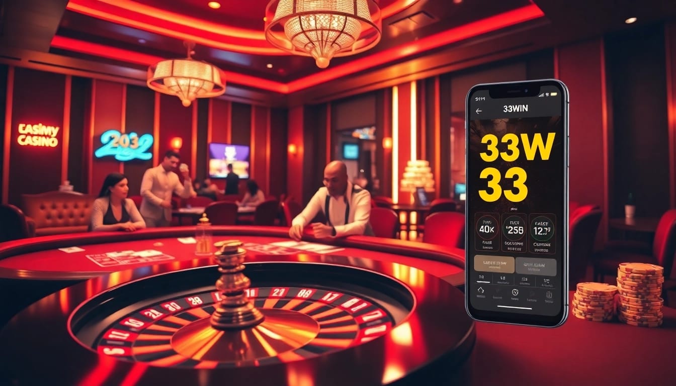 Players enjoying poker and roulette at a luxurious casino, highlighting 33WIN's glamorous gaming experience.