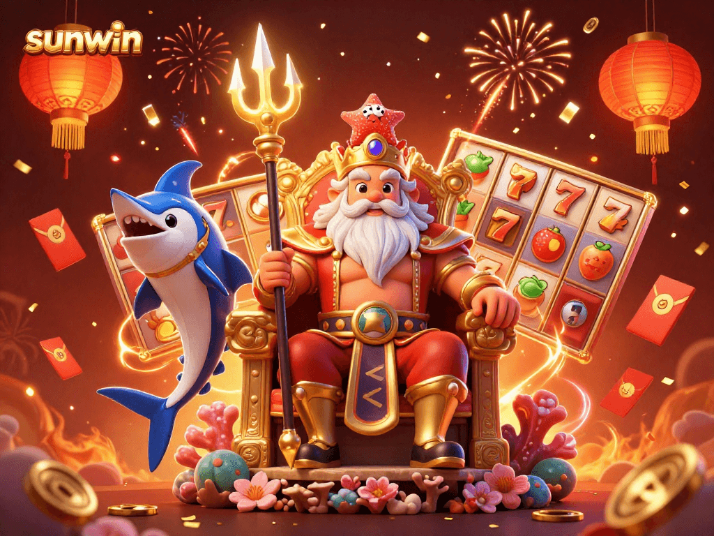 Experience sunwin slot action with Neptune and samurai in a vibrant casino celebration scene.