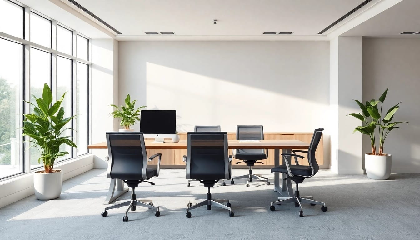 Moderne Büromöbel wie höhenverstellbare Schreibtische und ergonomische Stühle in einem hellen Büroraum.