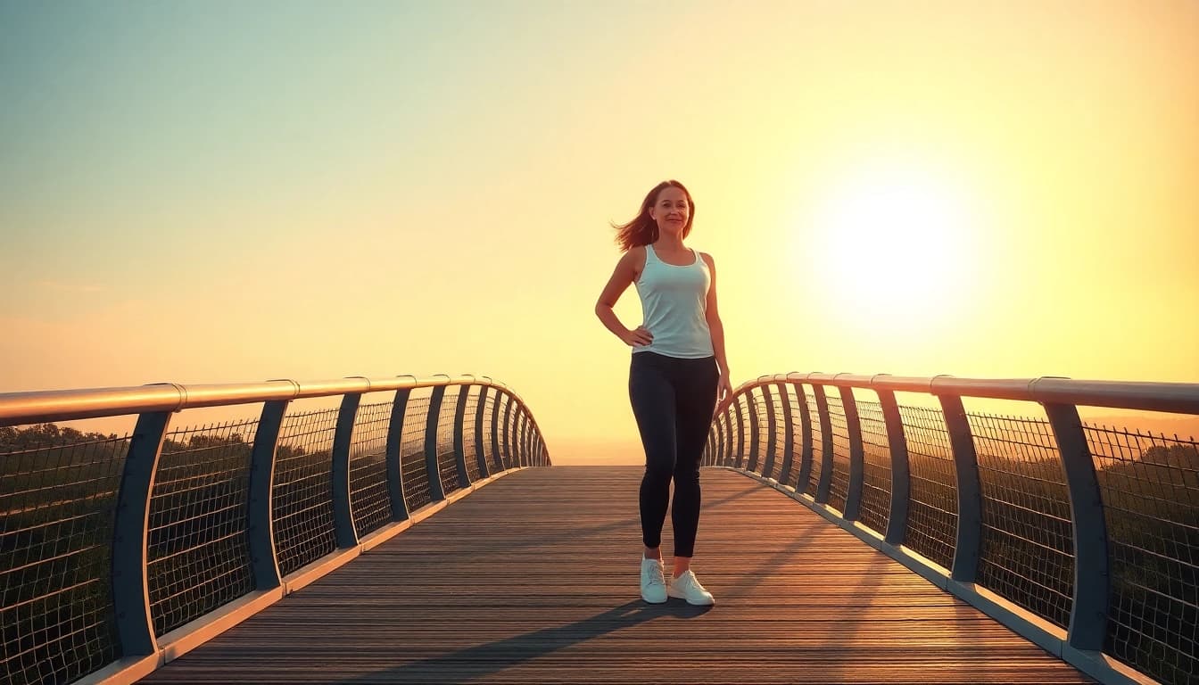 Motivierte Person auf einer Brücke, die den Prozess des Gewichtsverlusts symbolisiert, umgeben von einer positiven, aufbauenden Atmosphäre.