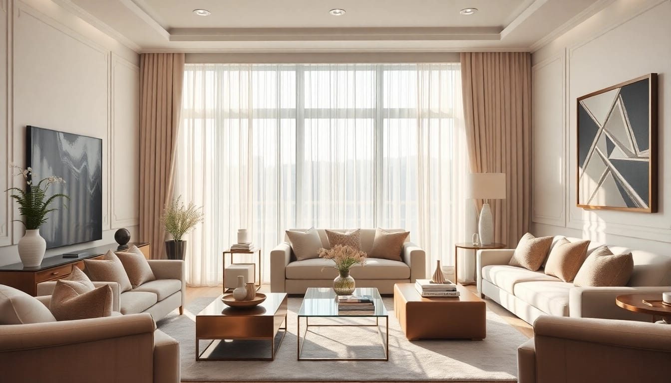Experience luxury in a beautifully styled living room featuring elegant furniture and soothing decor.