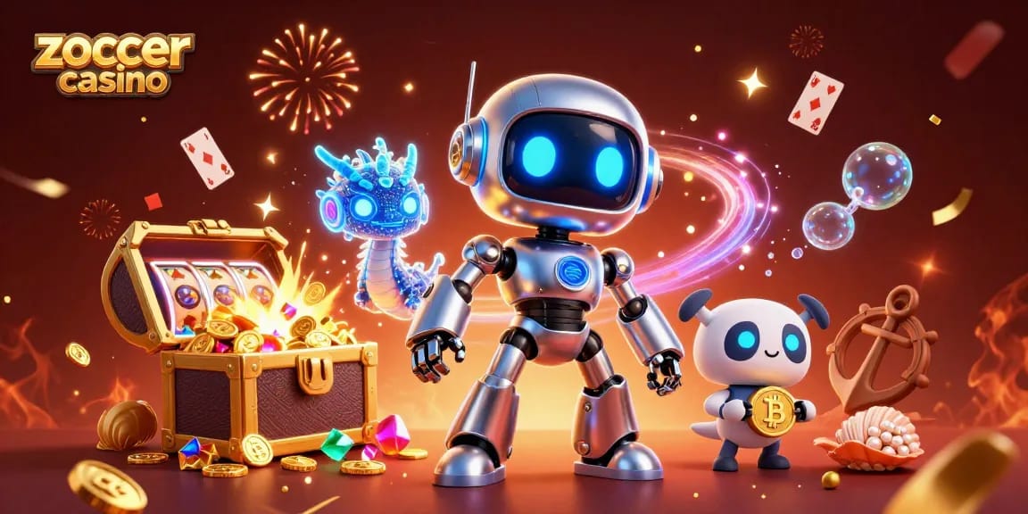 Zoccer Casino showcases dynamic action with neon elements, gold coins, and lively 3D characters in a vibrant gaming atmosphere.
