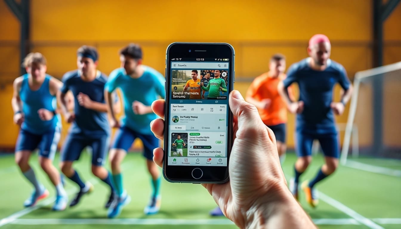 Entdecke die besten Wett Apps auf einem modernen Smartphone, während Sportler voller Energie sich aktiv zeigen.