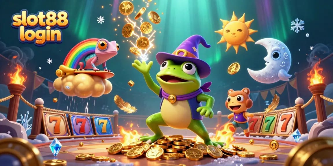 Engaging scene featuring slot88 login with a wizard frog and chameleon amidst a storm of golden coins.