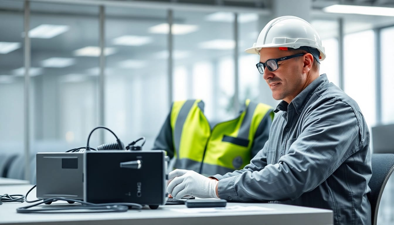 Techniker prüft elektrische Geräte zur DGUV V3 Prüfung, fokussiert auf Sicherheit und Compliance check.