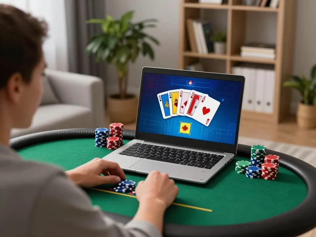 Engaging in online gambling with mb66-t on a laptop, showcasing poker gameplay in a cozy living room.