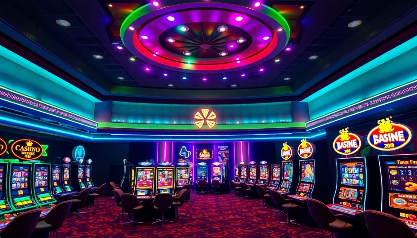 Spin casino online slots in a vibrant gaming room with flashing lights.