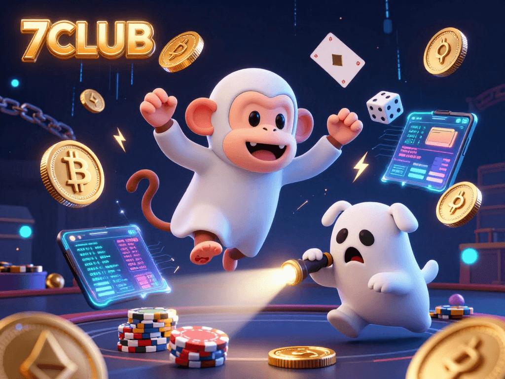 Catch the excitement at 7CLUB with a playful poltergeist monkey juggling coins in a vibrant casino.