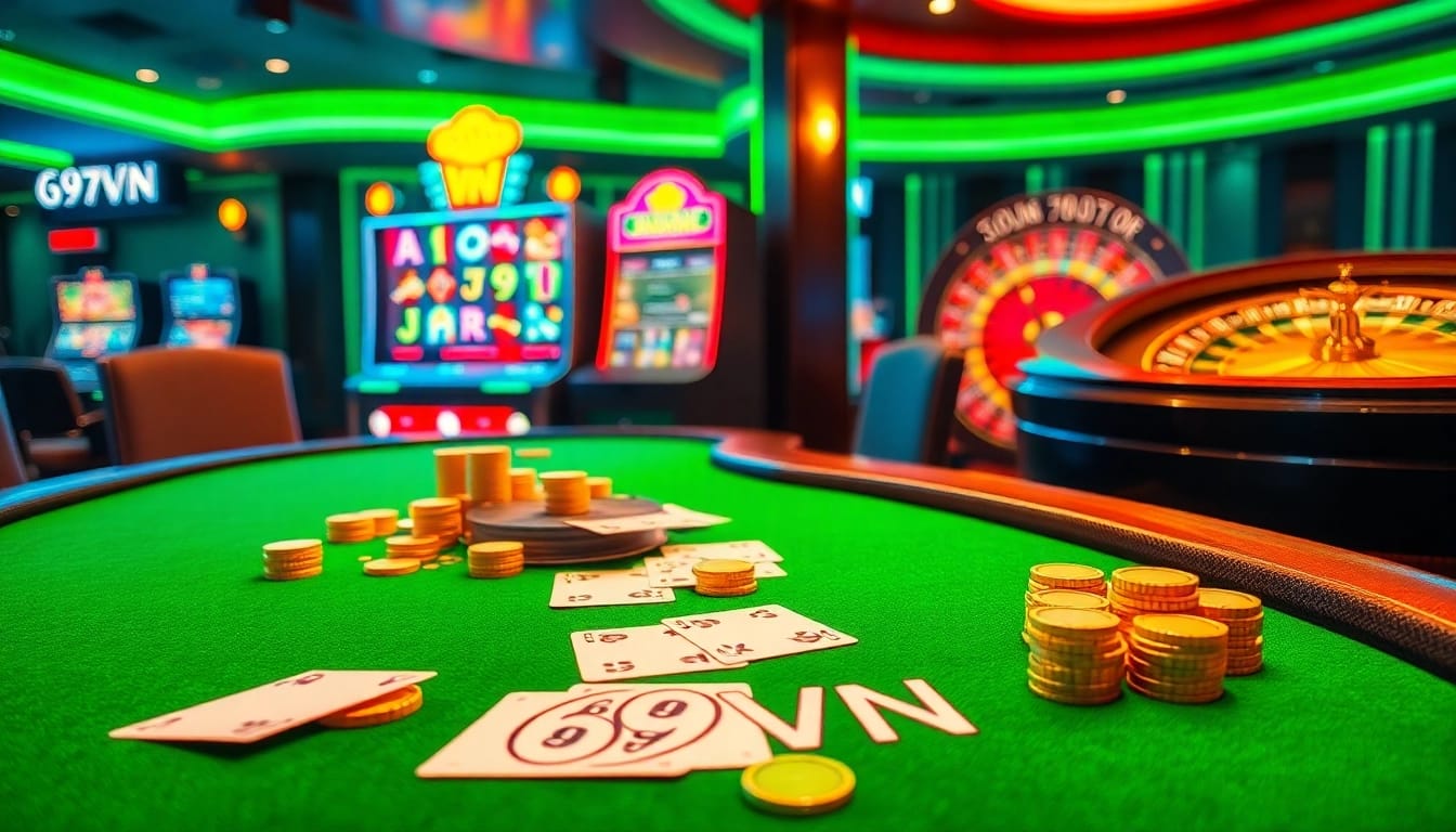 Experience high-stakes excitement with 69VN poker tables and vibrant slot machines.