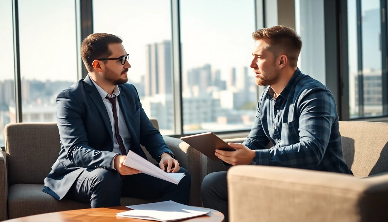 Headhunter Ingenieure im Gespräch mit einem Ingenieur in einem modernen Büro.