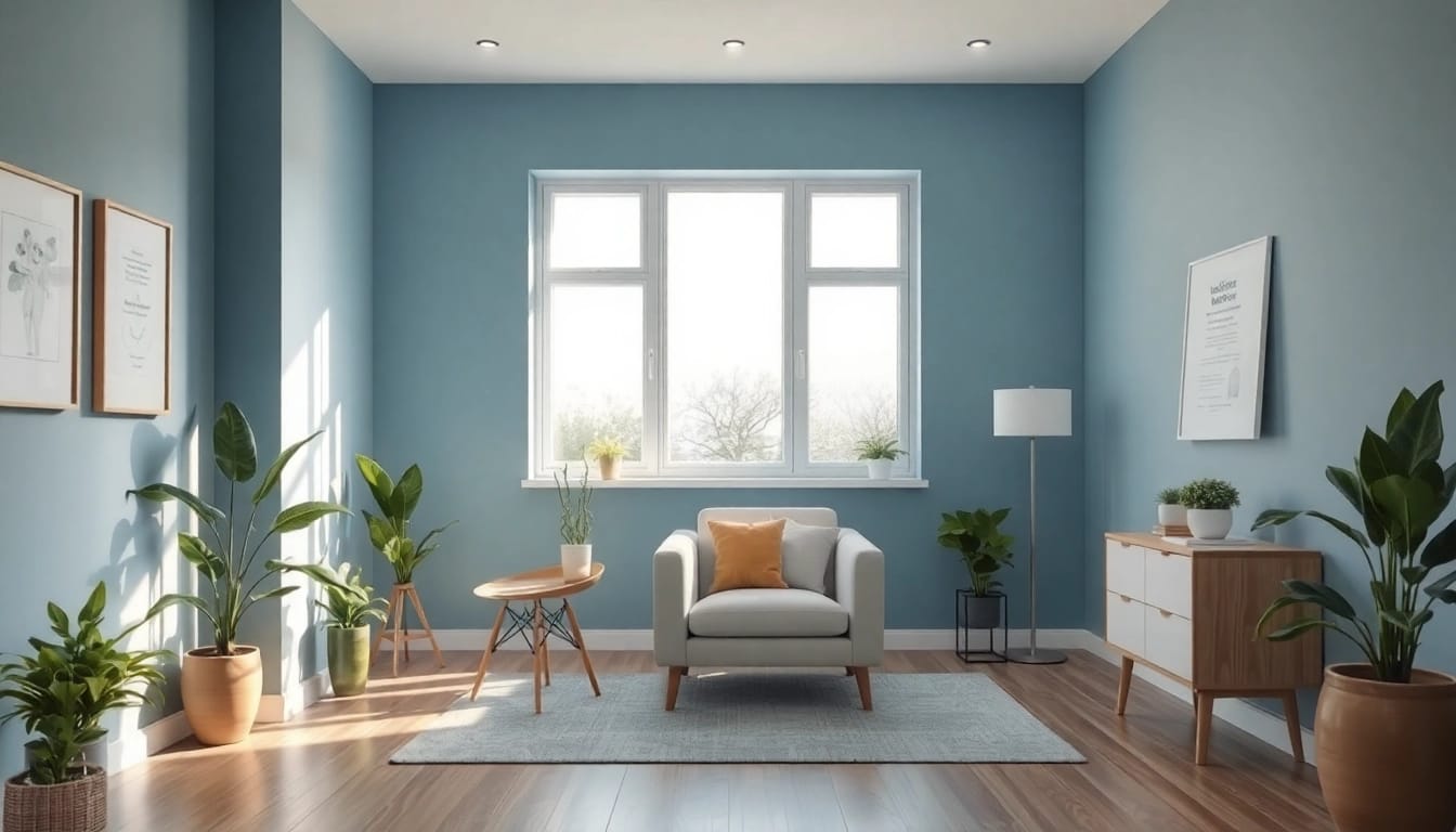 Hypnose Bremen: Beruhigender Therapieraum mit einem komfortablen Sessel und entspannenden Farben, ideal für Hypnosesitzungen.