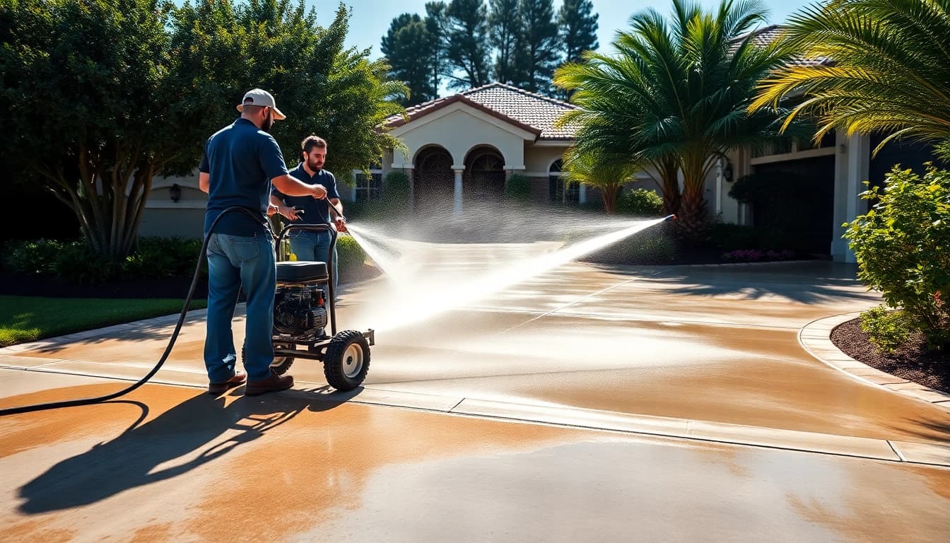 Driveway pressure wash in action, showcasing a professional team cleaning a concrete driveway in Kissimmee, Florida.