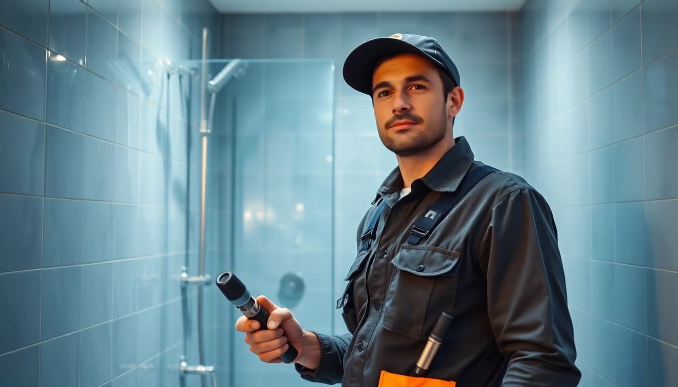 Sanitär Notdienst: Techniker repariert Wasserschaden in modernem Badezimmer.
