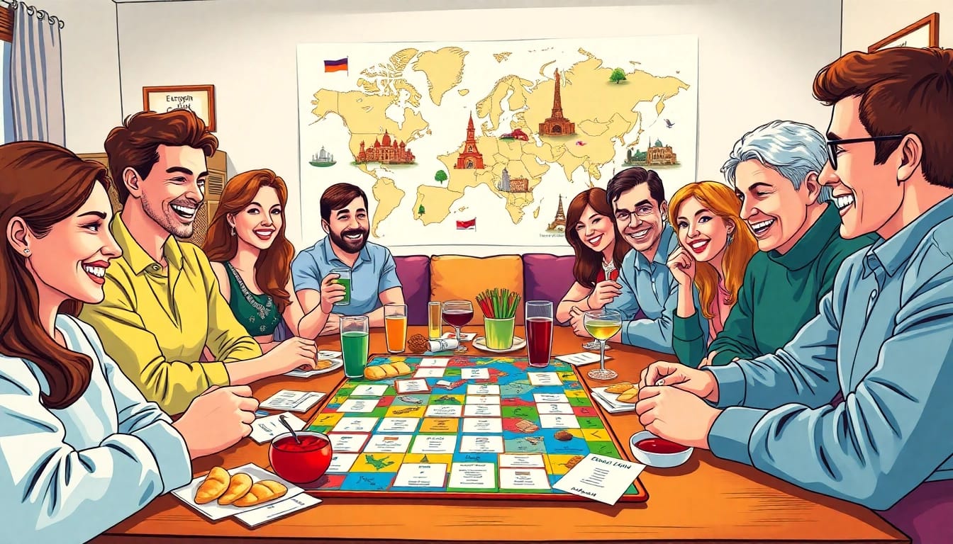 Spieler genießen das Europa Quiz mit bunten Karten und Snacks in einer gemütlichen Umgebung.