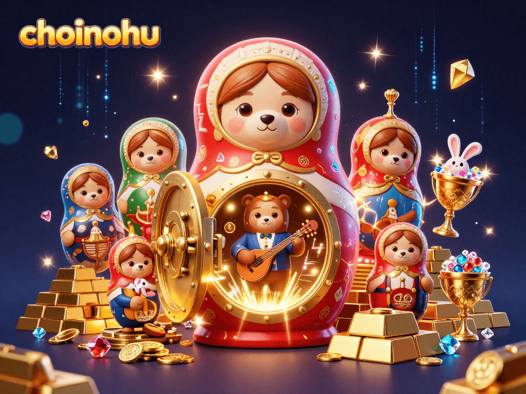 Choinohu casino scene featuring animated bears with dealer outfits, gold treasures, and glowing effects.