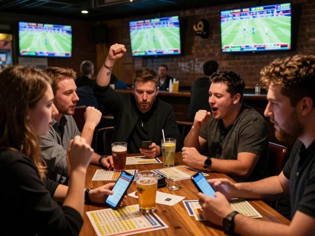 Soi kèo dynamics captured at a vibrant sports bar filled with fans and betting slips