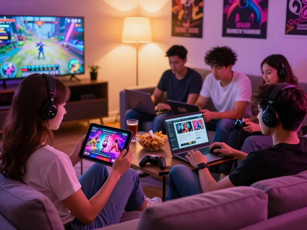 Engaging adults enjoying a sex game online together in a cozy living room filled with snacks and devices.