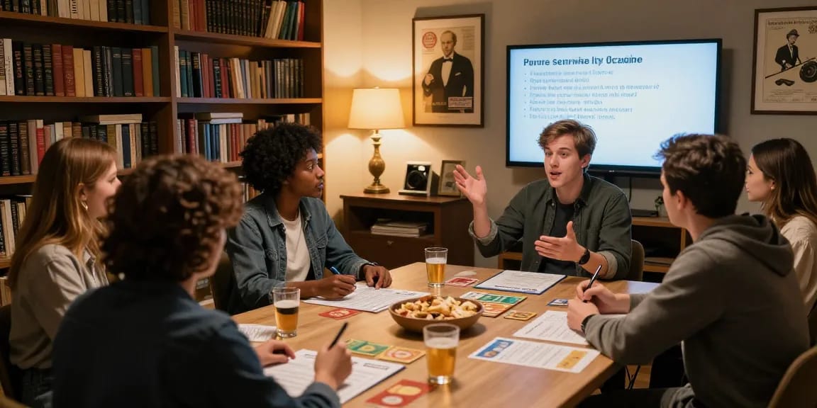 Friends engaging in a quiz Allgemeinwissen game in a cozy study, surrounded by trivia cards and books.