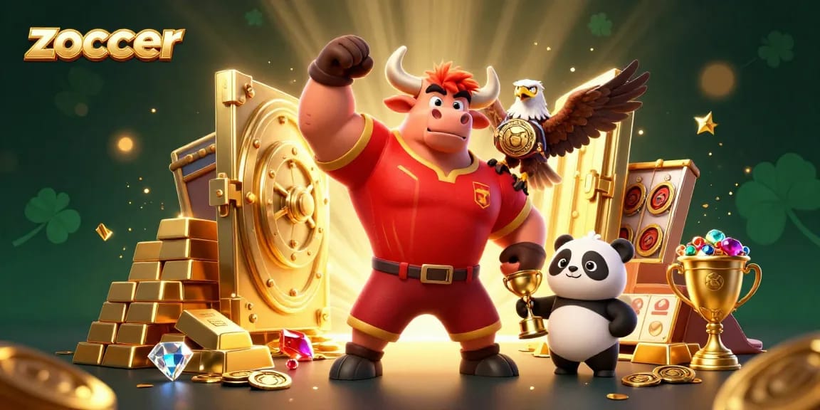 Zoccer casino experience showcasing a victory celebration with vibrant 3D characters amid luxury and slot excitement