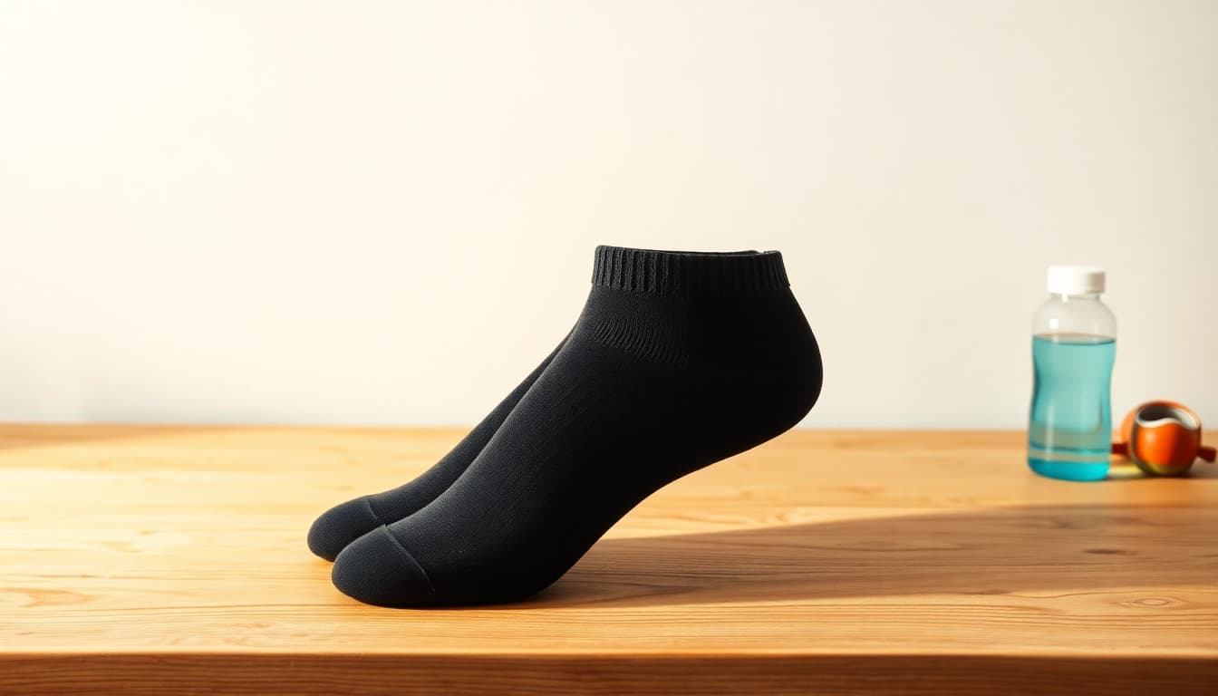 Hochwertige kompressionssocken in Schwarz auf Holzoberfläche, ideal für Sport und Alltag.
