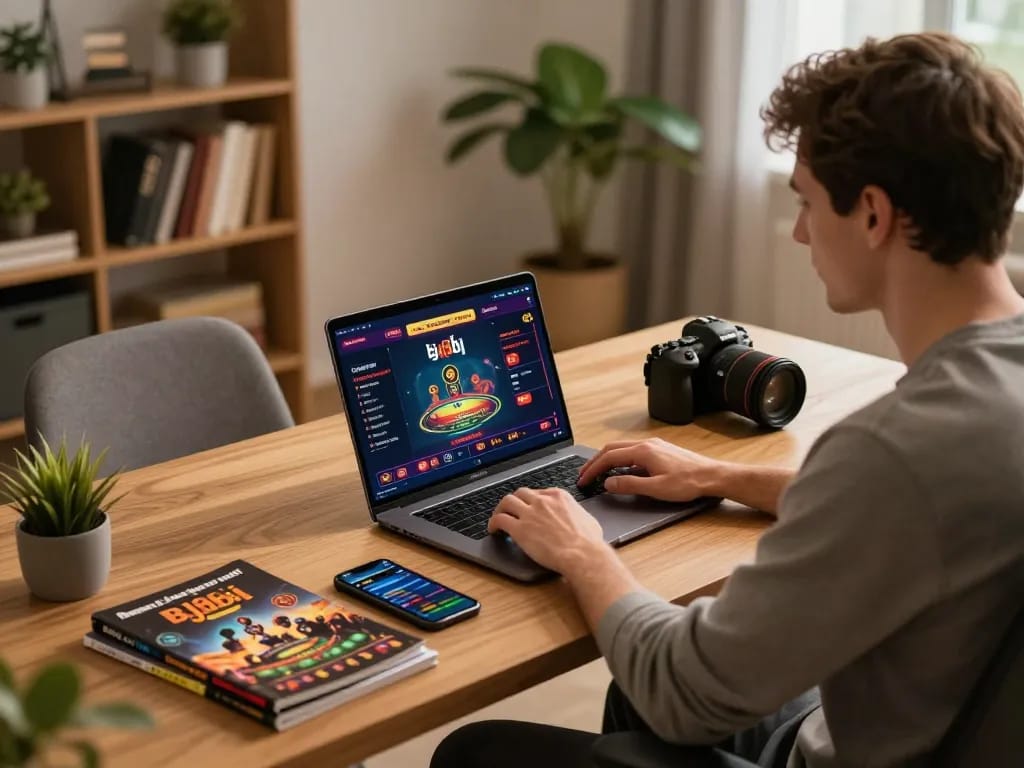 Player engaged in intense gaming at home on bj88bj online casino with strategy notes nearby.