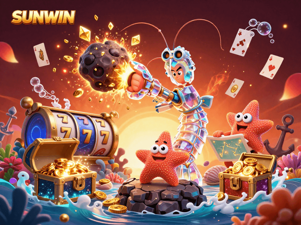 SUNWIN showcases an exciting underwater adventure with animated characters in a vibrant casino scene bursting with treasures.