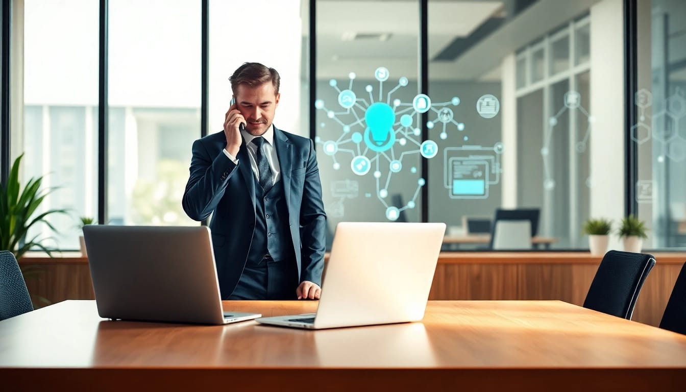 Headhunter IT telefoniert im modernen Büro und nutzt Technologie.