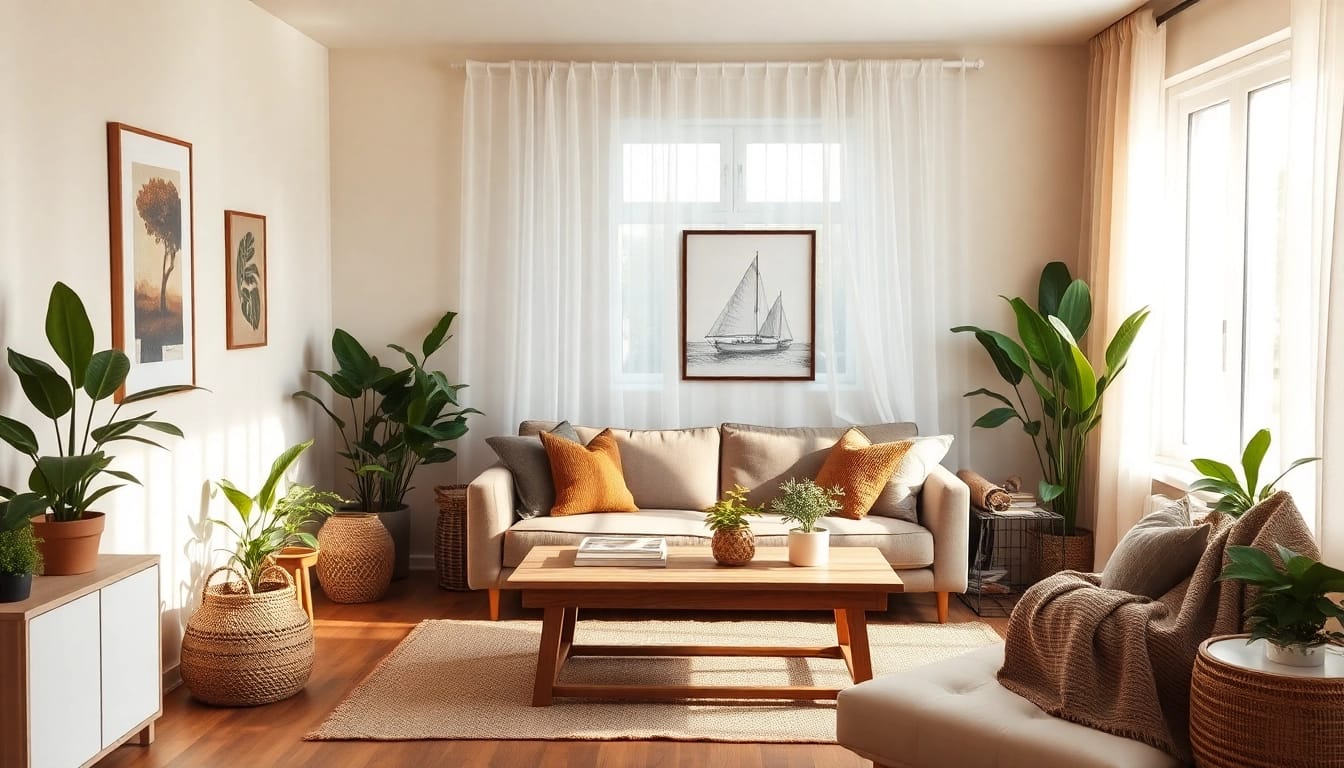 Elegantly designed Raumgestaltung of a cozy living room featuring natural light, rustic furnishings, and inviting decor.