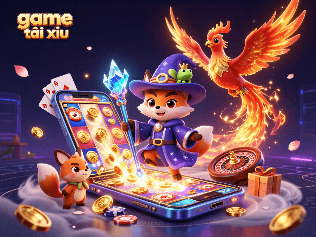 Experience the thrill of game tài xỉu with a wizard fox, phoenix, and vibrant casino elements.