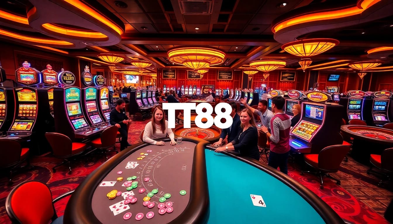 Play exciting games at TT88 with vibrant casino tables and slot machines in a high-energy atmosphere.