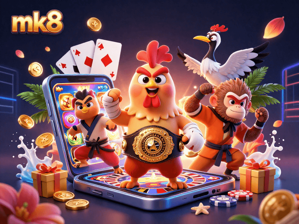 Engage in the vibrant action of mk8 casino gaming, featuring a dynamic cartoon rooster, monkey, and crane amidst thrilling gaming elements.