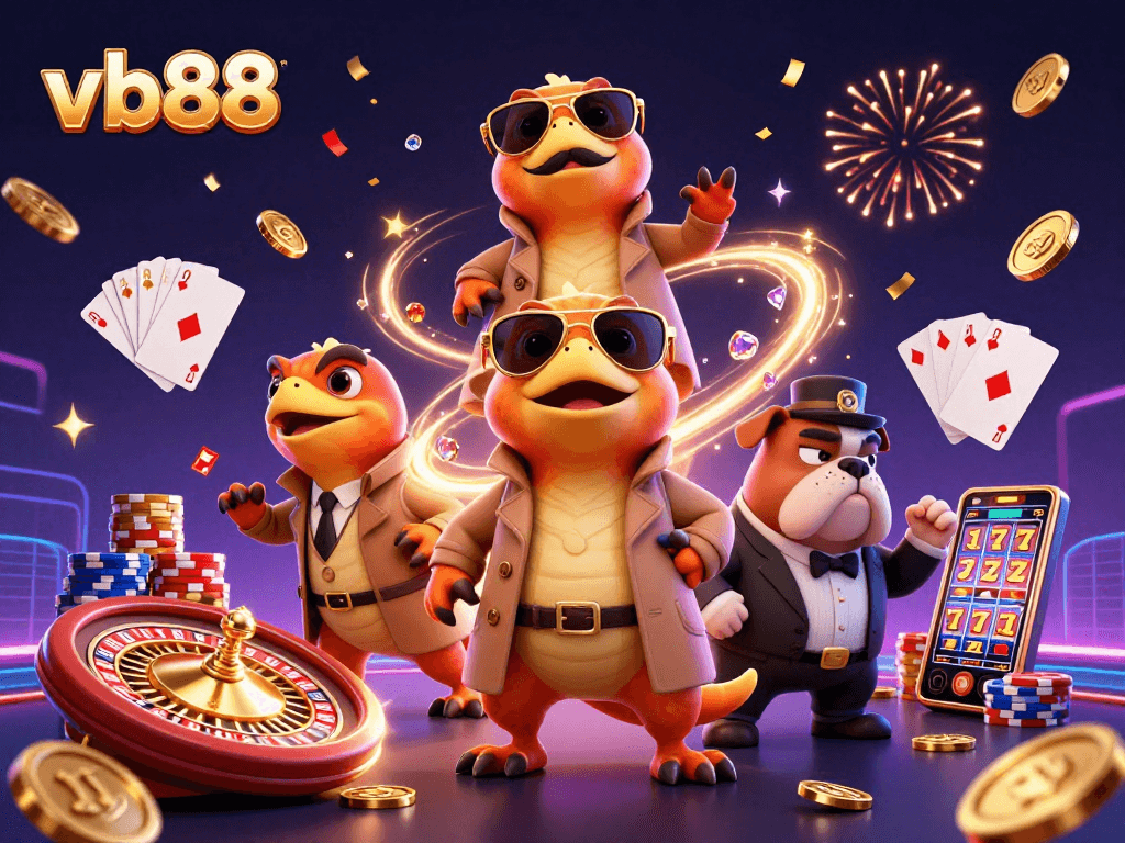 Experience thrilling gaming at vb88 with colorful raptors, casino elements, and a VIP atmosphere.