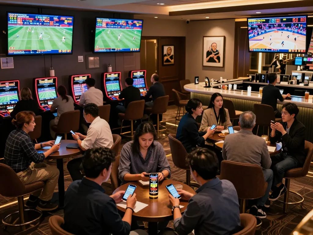 Live sports betting experience showcasing tỷ lệ nhà cái in high-energy casino lounge atmosphere.