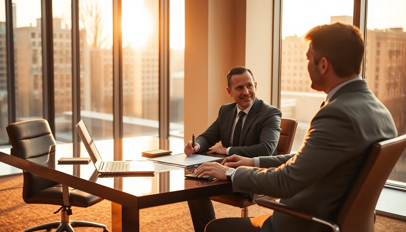 Headhunter CEO im Gespräch mit einem Kandidaten in einem eleganten Büro.