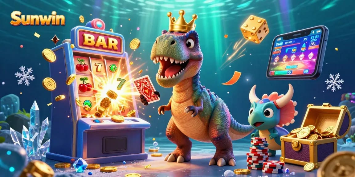 Sunwin showcases a vibrant scene with T-Rex shuffling cards, pterodactyl assisting, and triceratops stacking chips.