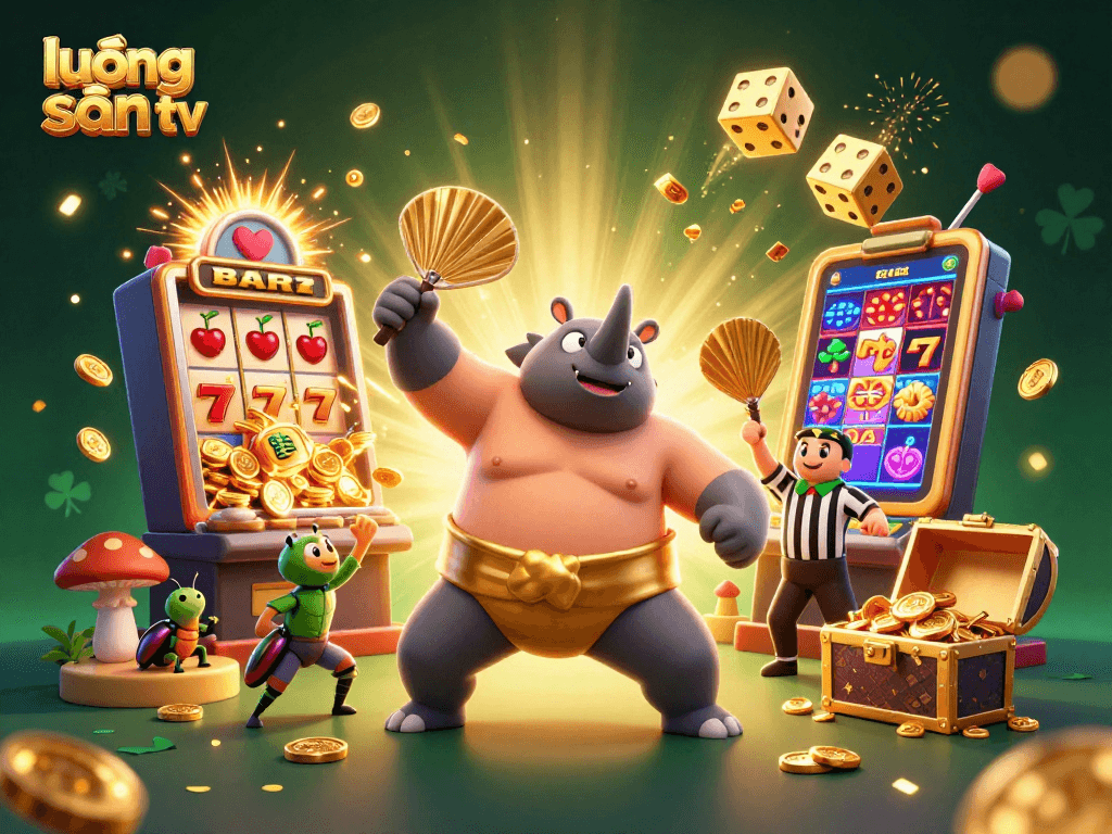 Lương sơn tv showcases an exciting 3D scene with a beetle sumo champion and slot machine action.